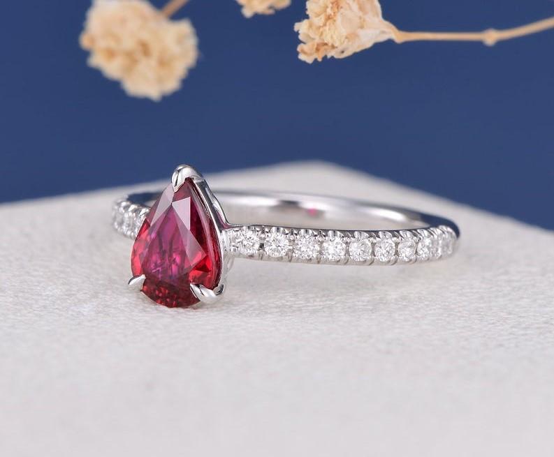 Natural Genuine Ruby and Diamond Halo Ring in 14k white and yellow gold  (GR-5786)